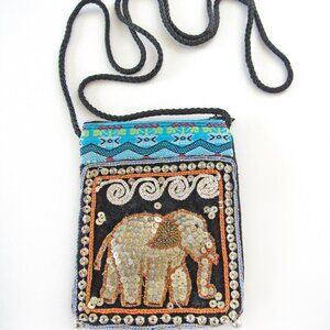 Sequin Elephant Crossbody Bag: Embroidered Bohemian Style Purse / Wallet